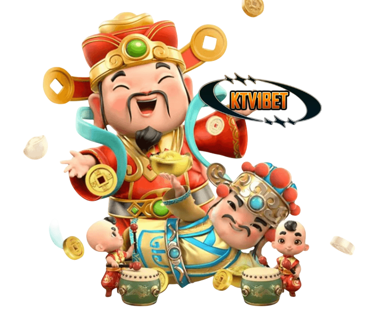 KTV1BET ภาพการ์ตูนเทพเจ้าโชคลาภจีนถือทองคำและเหรียญทองล้อมรอบ สไตล์สล็อตมงคลคาสิโนออนไลน์